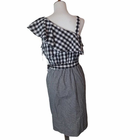 Calvin Klein Black White Gingham One Shoulder Ruffle Tie Waist Midi Dress 4 NWT - Picture 3 of 9